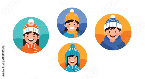 Illustrations of four smiling children wearing winter hats and scarves in circular frames.