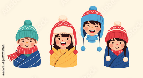 Cute cartoon children dressed in warm winter clothes ready for the cold season.
