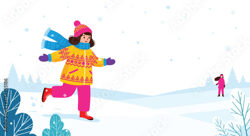 A child joyfully plays in the snowy winter landscape with friends in the distance.