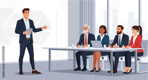 Business Presentation: A Male Presenter Addresses a Diverse Panel of Judges or Investors in a Modern Office Setting
