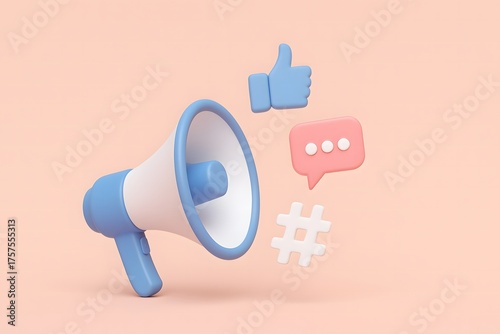 3d megaphone announcing social media likes and engagement with hashtag