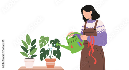 A person carefully watering potted houseplants with a green watering can, tending to their indoor garden.