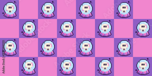 Pixel 8 bit pattern with kawaii pastel crystal balls featuring tiny skulls on pink and purple checker. Retro spooky seamless design perfect for Halloween, games, stickers, and textile prints.