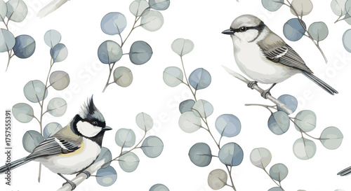 Two charming little birds perched on delicate eucalyptus branches, creating a serene and natural watercolor illustration