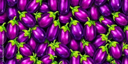 Endless repeating pattern of vibrant purple eggplants, seamlessly tiled, purple pattern, texture