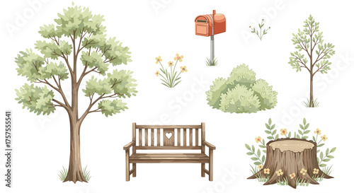 A charming collection of hand-drawn watercolor illustrations featuring park and garden elements like trees, a wooden bench, a mailbox, and a stump