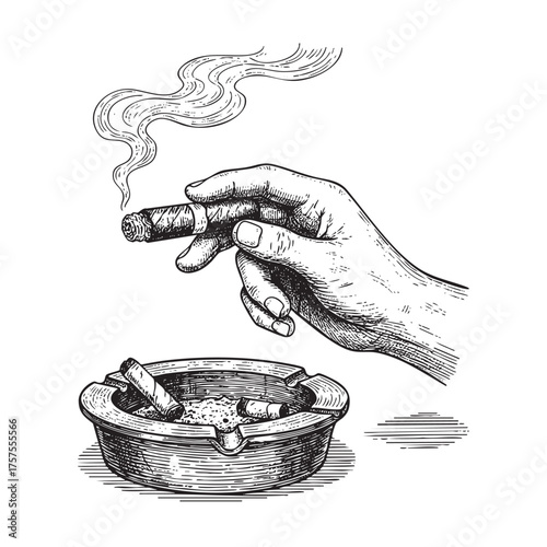Hand Holding Smoking Cigar Over Ashtray Illustration Vector