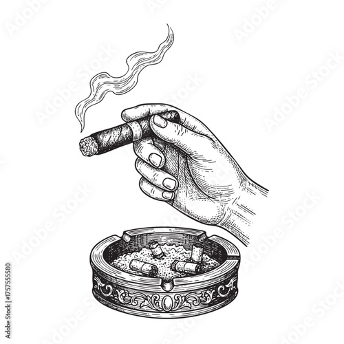 Hand Holding Smoking Cigar Over Ashtray Illustration Vector