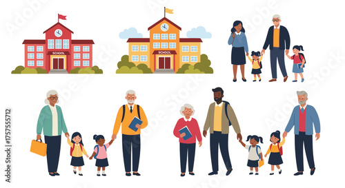 Diverse families escorting children to school building entrances for education and learning.