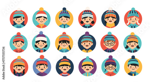 A collection of charming illustrated avatars representing children dressed in winter hats and sweaters during the cold season.