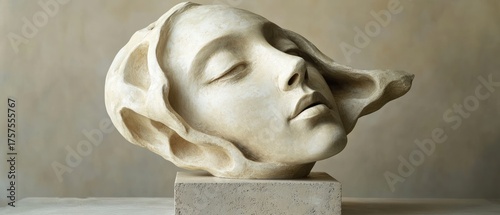 Sculpted female head eyes closed smooth texture beige color modern art