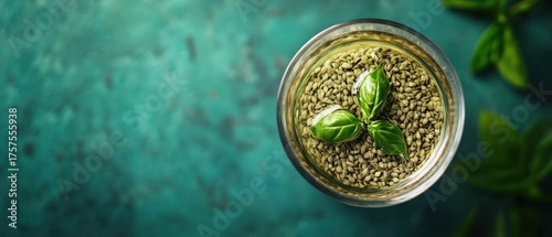 Basil sprout and seeds in glass bowl overhead view
