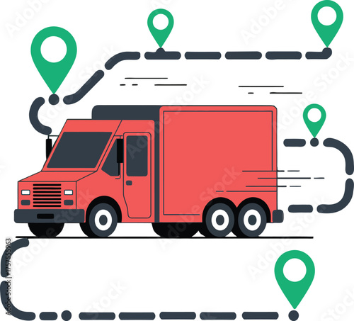 Red delivery truck with route map and location pins — logistics and transportation tracking vector illustration