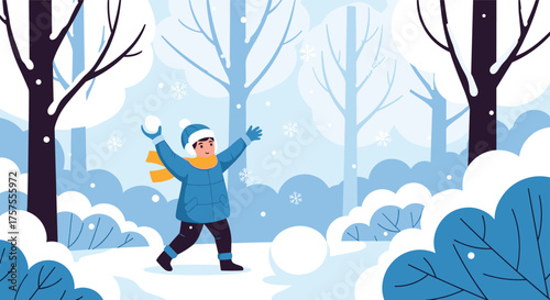 A young boy wearing a winter hat and scarf throws a snowball in a snowy forest.
