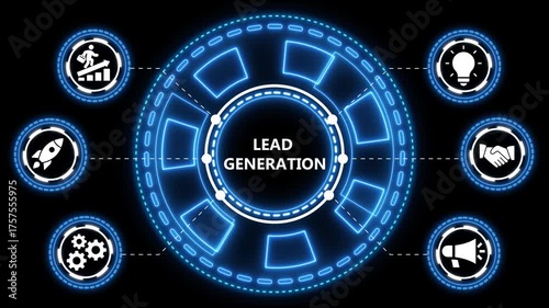 Animated digital illustration displaying lead generation concepts and business strategies