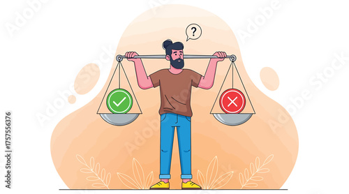 Vector art of decision making dilemma, a man balancing pros and cons, symbolizing the challenge of weighing options and making informed choices in life and business