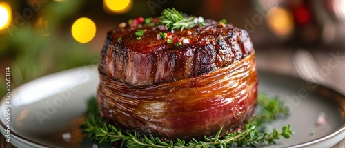 Grilled bacon wrapped beef tenderloin close up