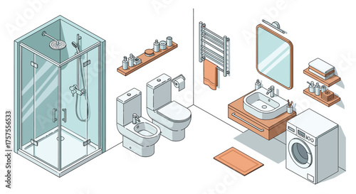 A modern bathroom with shower toilet bidet sink and washing machine.