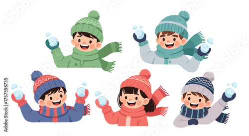 Five joyful children dressed in winter clothing happily throwing snowballs during a playful snowball fight outdoors.
