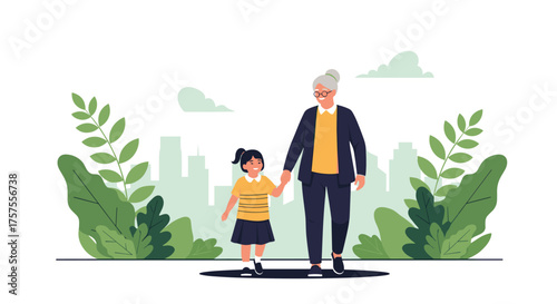 A grandmother and her granddaughter walking together in a park with a city skyline in the background.
