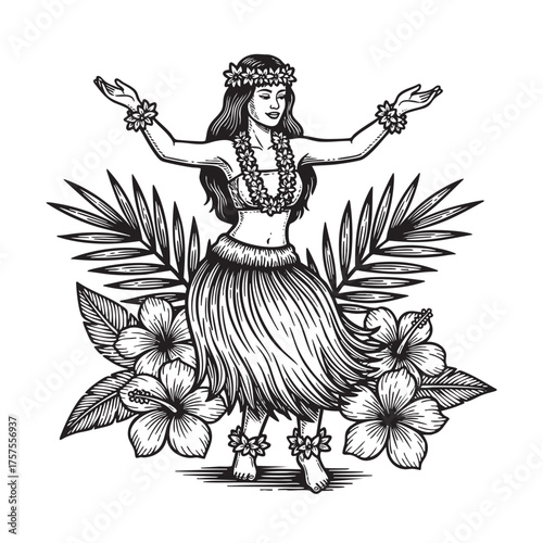 Hula Dancer with Lei and Grass Skirt - Polynesian Tropical Dance Illustration Vector