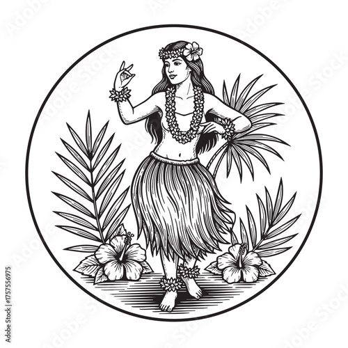 Hula Dancer with Lei and Grass Skirt - Polynesian Tropical Dance Illustration Vector