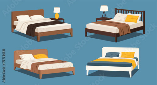 A selection of four comfortable beds with bedside tables and lamps arranged on a blue background.