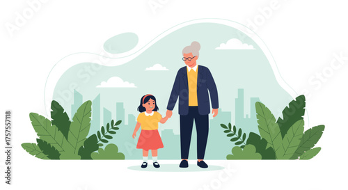 A grandmother and her granddaughter hold hands walking together in a park.