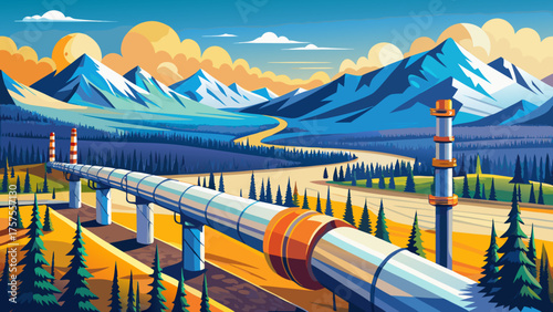 Very beautiful aerial view of the Trans-Alaska Pipeline System near Fairbanks, Alaska, USA, stretching across snowy tundra and rolling hills, showcasing engineering marvels amid pristine Arctic wilder