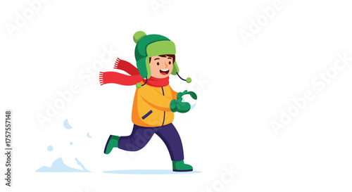 A young child in winter clothing runs while holding a snowball during a snowy outdoor activity.