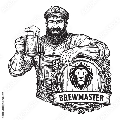 Vintage Craft Brewery Logo with Brewer, Barrel, Hops, and Grapes on Circular Frame Engraving Vector