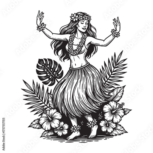 Hula Dancer with Lei and Grass Skirt - Polynesian Tropical Dance Illustration Vector