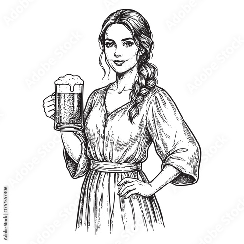 Vintage Engraved Woman with Braided Hair Holding Beer Mug Illustration - Pub or Bar Mascot Vector