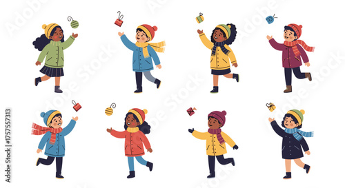 Children in winter clothes playing outdoors with ornaments