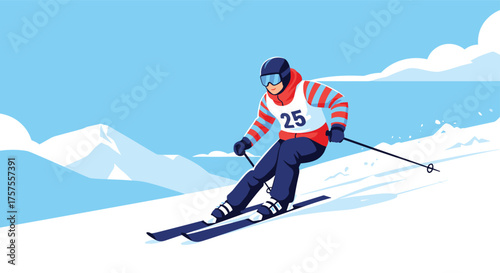 A skier in a red white striped sweater and blue pants carves down a snowy slope under a bright blue sky.