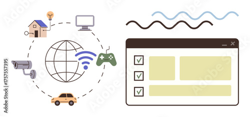 IoT devices thumbs up house, car, camera, computer, game controller interconnect via global network. Ideal for IoT, technology, connectivity smart home automation internet systems. Simple flat