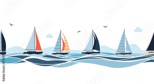 A fleet of sailboats races across the choppy blue ocean under a bright sky with scattered clouds and soaring birds.
