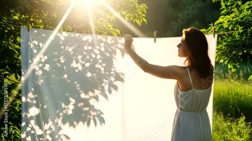 Woman Hanging White Sheet Outdoors in Sunlight with Greenery Background