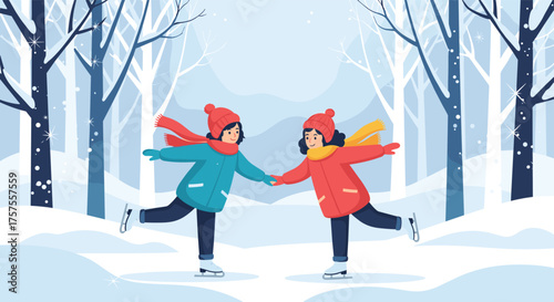 Two children holding hands while ice skating in a snowy park during winter.