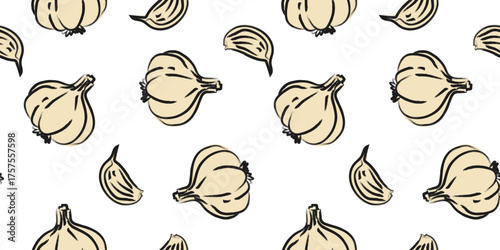 minimalist hand drawn garlic seamless pattern with cloves on white background vector kitchen wallpaper design for restaurant menu packaging and food print