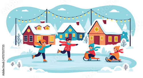 Children enjoying winter activities and playing outside in a snowy village.