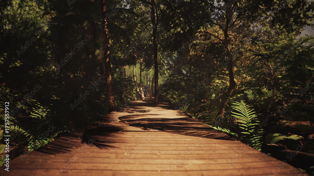 Obraz premium A winding wooden walkway stretches through a lively forest filled with lush green foliage under bright sunlight. Birds chirp and the air is fresh, inviting exploration.