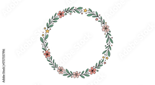A delicate floral wreath composed of small pink flowers and green leaves creating a circular border for decorative purposes.