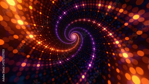 Glowing Orange and Purple Spiral Light Tunnel Abstract Background.