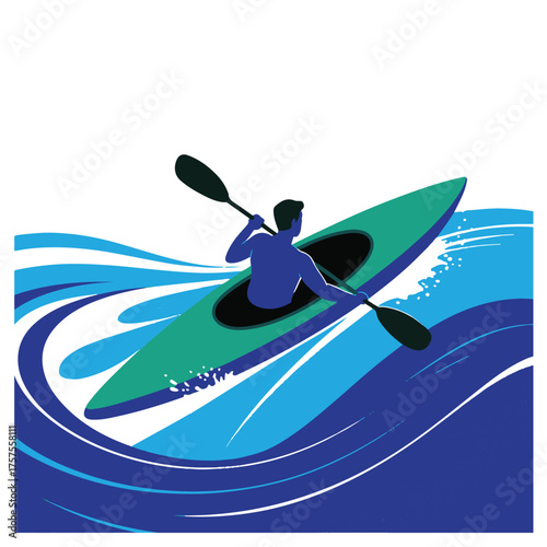 Silhouette of a person kayaking on blue water with waves, isolated on white background