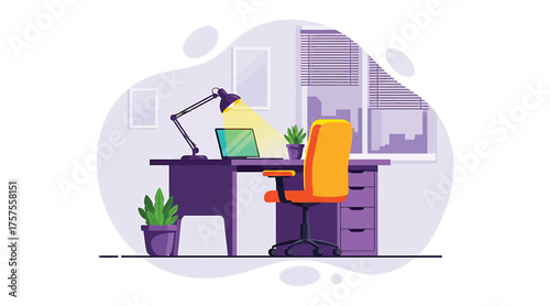 Illustration of a modern home office setup with a desk, chair, laptop, lamp, and plants, creating a comfortable and productive workspace