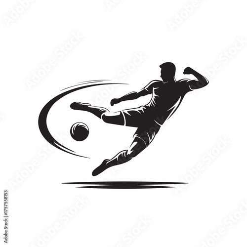 Silhouette of a soccer player kicking a ball in dynamic motion, isolated on white background