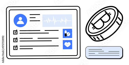 Digital health profile featuring vital signs, checklist, charts, and pill graphics. Ideal for healthcare, technology, telemedicine, patient care wellness tracking data visualization. A simple flat