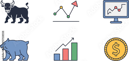 Stock Market Bull and Bear Symbols with Financial Data Visualizations
