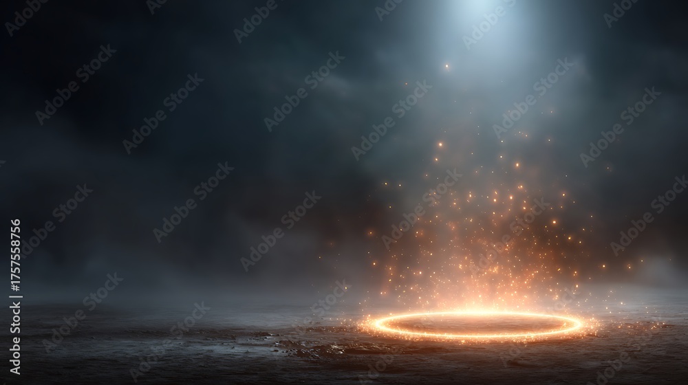 Obraz premium Magical Circle with Golden Sparks Glowing Under a Moody Blue Sky Background